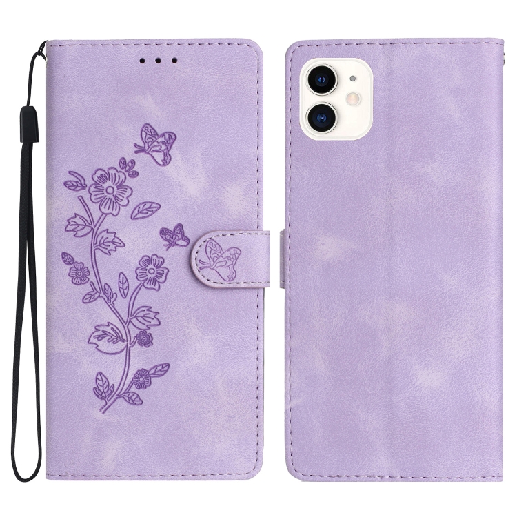 

For iPhone 11 Flower Butterfly Embossing Pattern Leather Phone Case(Purple)
