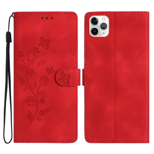 

For iPhone 11 Pro Flower Butterfly Embossing Pattern Leather Phone Case(Red)