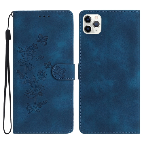 For iPhone 11 Pro Max Flower Butterfly Embossing Pattern Leather Phone Case(Blue)