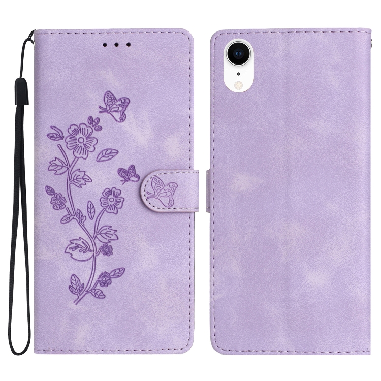 

For iPhone XR Flower Butterfly Embossing Pattern Leather Phone Case(Purple)