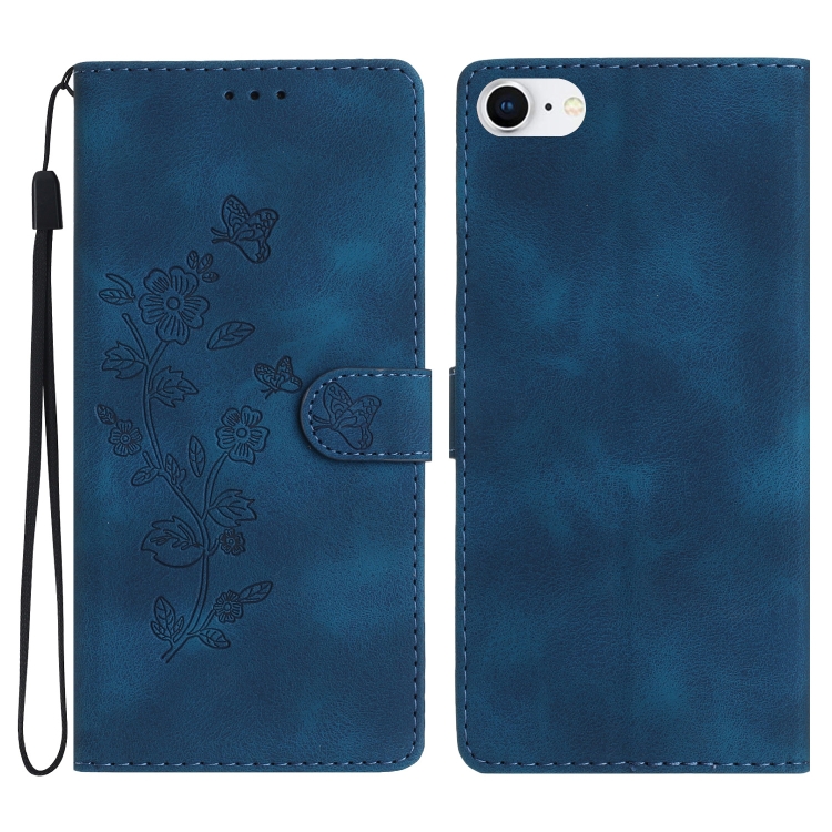 

For iPhone SE 2022/2020 / 8 / 7 / 6 Flower Butterfly Embossing Pattern Leather Phone Case(Blue)