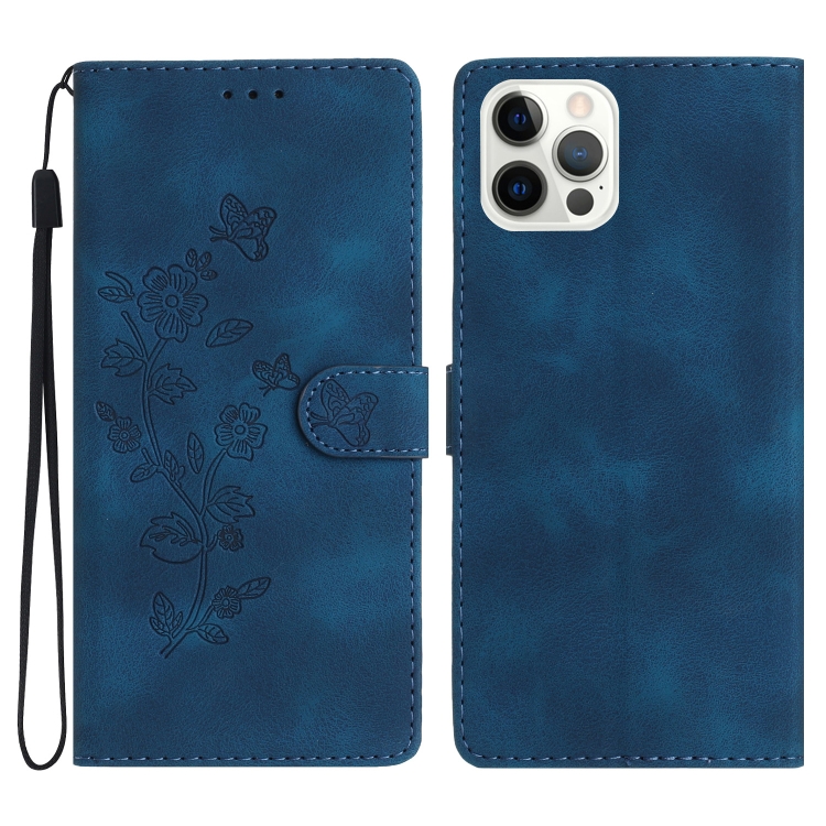 

For iPhone 15 Pro Max Flower Butterfly Embossing Pattern Leather Phone Case(Blue)
