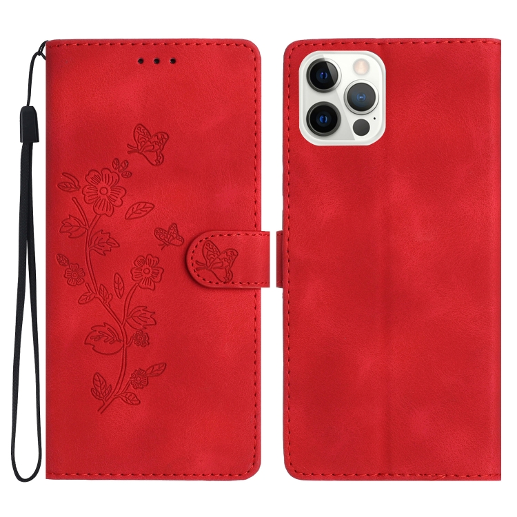 

For iPhone 15 Pro Flower Butterfly Embossing Pattern Leather Phone Case(Red)