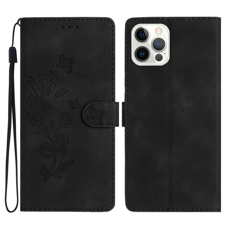 

For iPhone 15 Pro Flower Butterfly Embossing Pattern Leather Phone Case(Black)