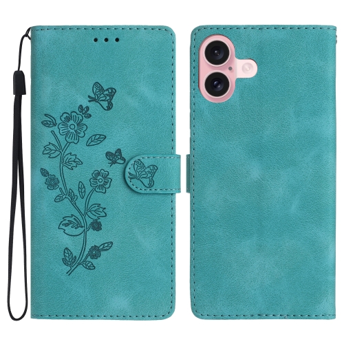 

For iPhone 16 Flower Butterfly Embossing Pattern Leather Phone Case(Sky Blue)