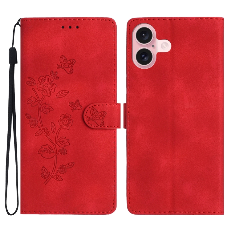 

For iPhone 16 Plus Flower Butterfly Embossing Pattern Leather Phone Case(Red)