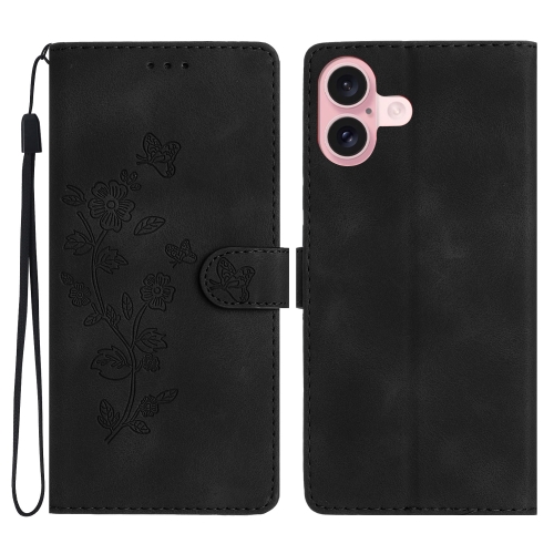 For iPhone 16 Plus Flower Butterfly Embossing Pattern Leather Phone Case(Black)