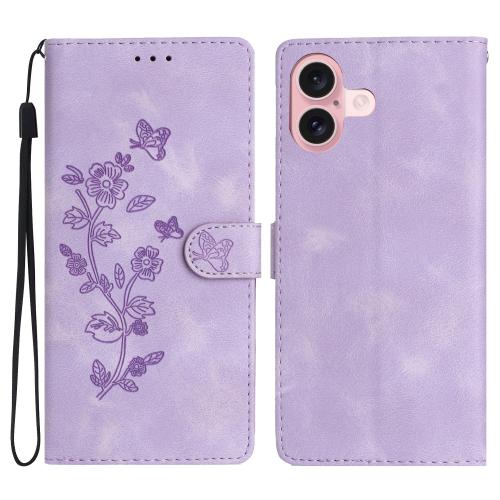 

For iPhone 17 Flower Butterfly Embossing Pattern Leather Phone Case(Purple)
