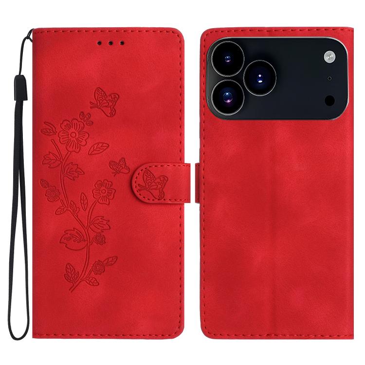 

For iPhone 17 Pro Flower Butterfly Embossing Pattern Leather Phone Case(Red)