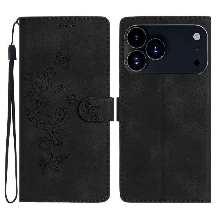 

For iPhone 17 Pro Flower Butterfly Embossing Pattern Leather Phone Case(Black)