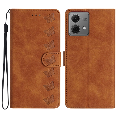 

For Motorola Moto G84 5G Seven Butterflies Embossed Leather Phone Case(Brown)