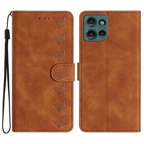 

For Motorola Edge 50 5G Seven Butterflies Embossed Leather Phone Case(Brown)