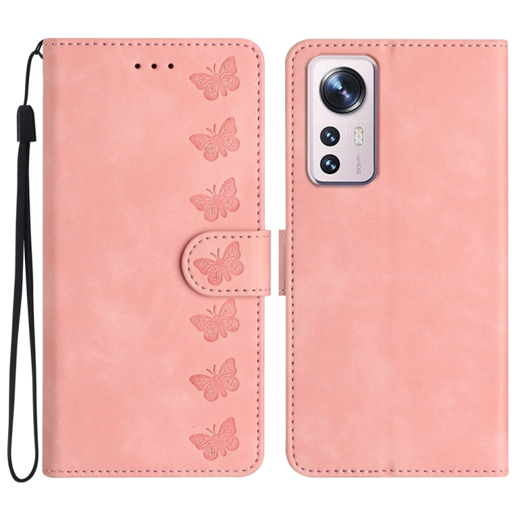 

For Xiaomi 12 Lite Seven Butterflies Embossed Leather Phone Case(Pink)