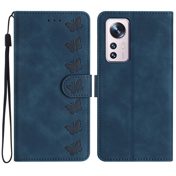 

For Xiaomi 12 Lite Seven Butterflies Embossed Leather Phone Case(Blue)