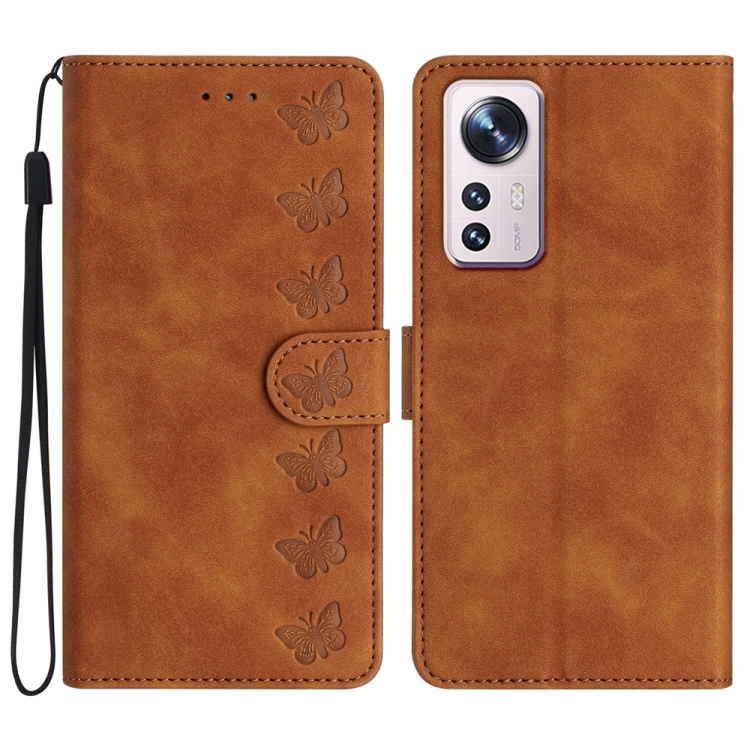 

For Xiaomi 12 Pro Seven Butterflies Embossed Leather Phone Case(Brown)