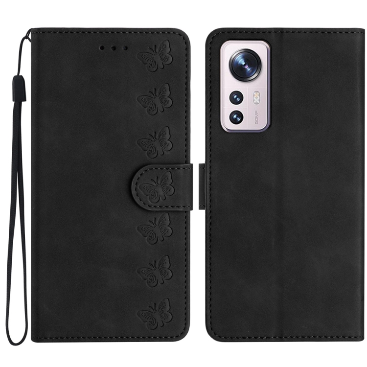 

For Xiaomi 12 Pro Seven Butterflies Embossed Leather Phone Case(Black)