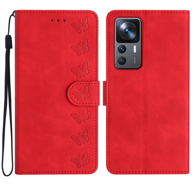 

For Xiaomi 12T / 12T Pro Seven Butterflies Embossed Leather Phone Case(Red)