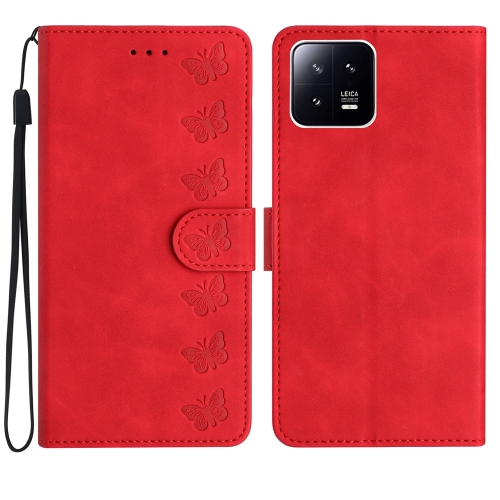 

For Xiaomi 13 Pro Seven Butterflies Embossed Leather Phone Case(Red)