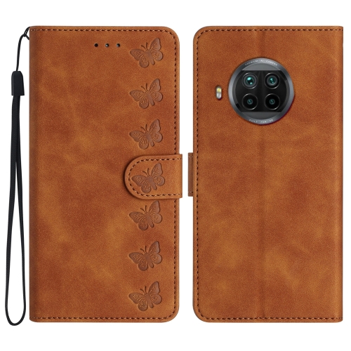 

For Xiaomi Mi 10T Lite Seven Butterflies Embossed Leather Phone Case(Brown)