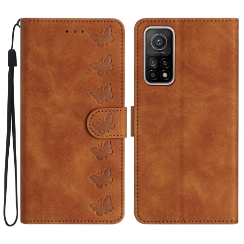 

For Xiaomi Mi 10T / 10T Pro Seven Butterflies Embossed Leather Phone Case(Brown)