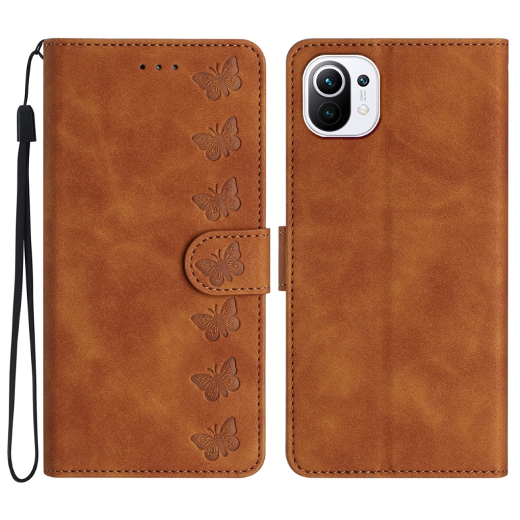 

For Xiaomi Mi 11 Lite Seven Butterflies Embossed Leather Phone Case(Brown)