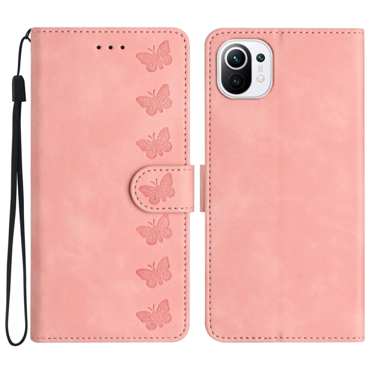 

For Xiaomi Mi 11 Lite Seven Butterflies Embossed Leather Phone Case(Pink)