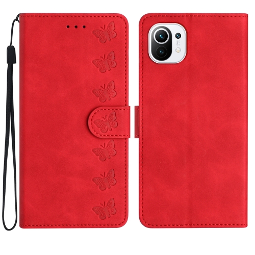 

For Xiaomi Mi 11 Lite Seven Butterflies Embossed Leather Phone Case(Red)