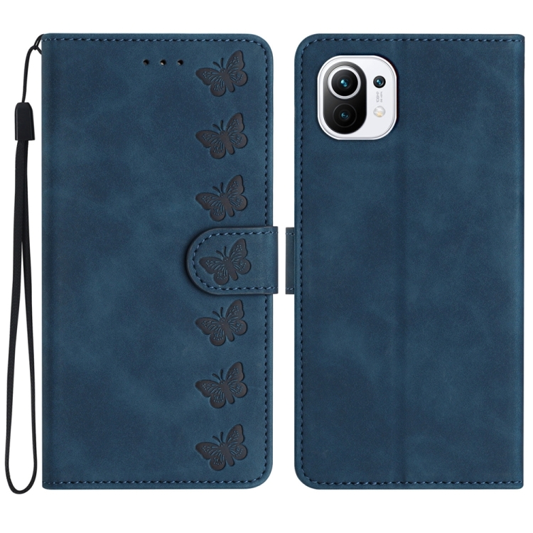 

For Xiaomi Mi 11 Lite Seven Butterflies Embossed Leather Phone Case(Blue)