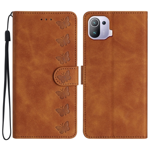 

For Xiaomi Mi 11 Pro Seven Butterflies Embossed Leather Phone Case(Brown)