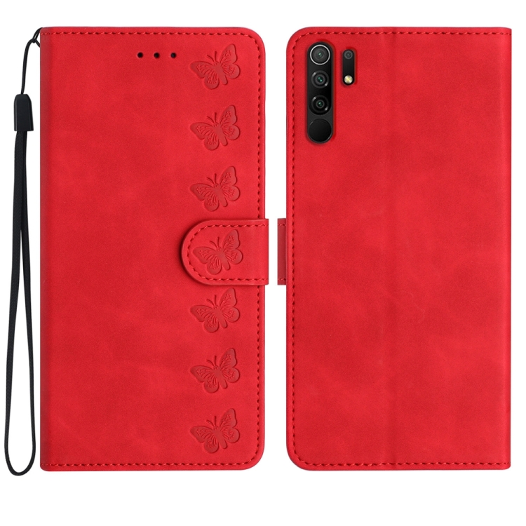 

For Xiaomi Redmi 9 Seven Butterflies Embossed Leather Phone Case(Red)