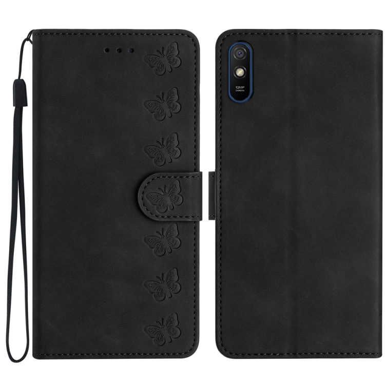 

For Xiaomi Redmi 9A Seven Butterflies Embossed Leather Phone Case(Black)
