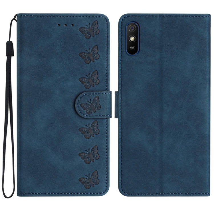 

For Xiaomi Redmi 9A Seven Butterflies Embossed Leather Phone Case(Blue)