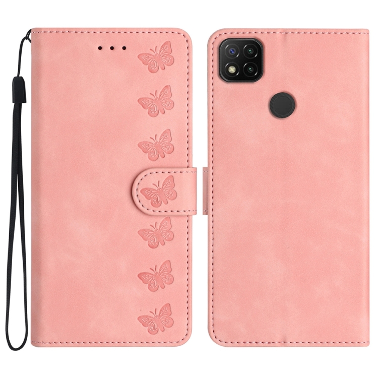 

For Xiaomi Redmi 9C Seven Butterflies Embossed Leather Phone Case(Pink)