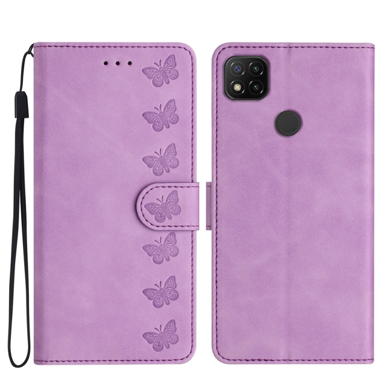 

For Xiaomi Redmi 9C Seven Butterflies Embossed Leather Phone Case(Purple)