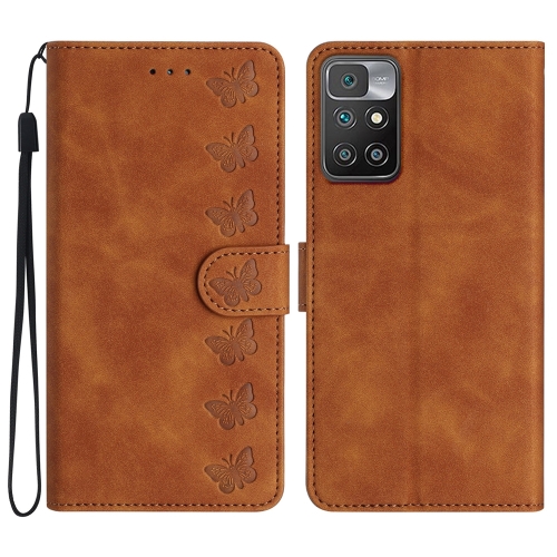 

For Xiaomi Redmi 10 Seven Butterflies Embossed Leather Phone Case(Brown)