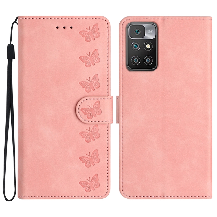 

For Xiaomi Redmi 10 Seven Butterflies Embossed Leather Phone Case(Pink)