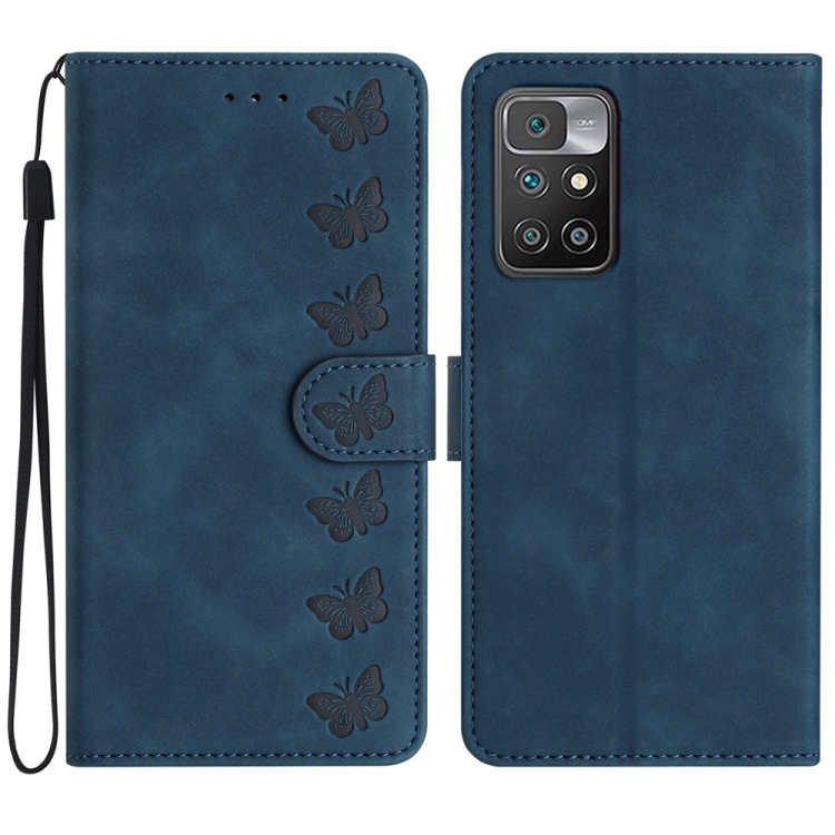 

For Xiaomi Redmi 10 Seven Butterflies Embossed Leather Phone Case(Blue)