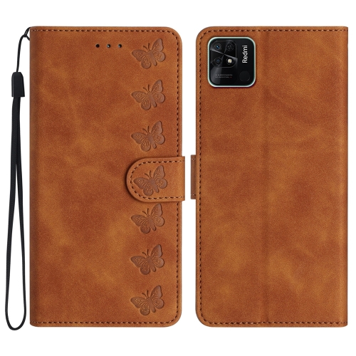 

For Xiaomi Redmi 10C Seven Butterflies Embossed Leather Phone Case(Brown)