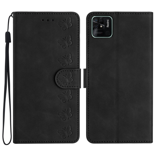 

For Xiaomi Redmi 10C Seven Butterflies Embossed Leather Phone Case(Black)