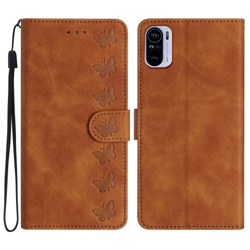 

For Xiaomi Redmi K40 Seven Butterflies Embossed Leather Phone Case(Brown)