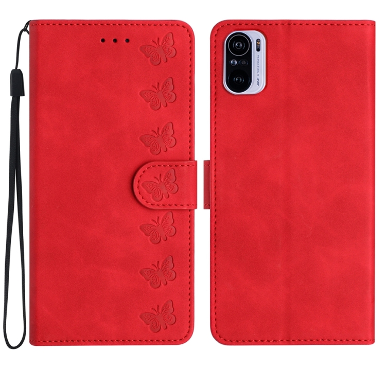 

For Xiaomi Redmi K40 Seven Butterflies Embossed Leather Phone Case(Red)
