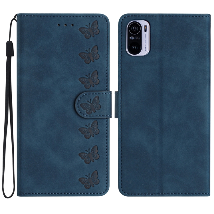 

For Xiaomi Redmi K40 Seven Butterflies Embossed Leather Phone Case(Blue)