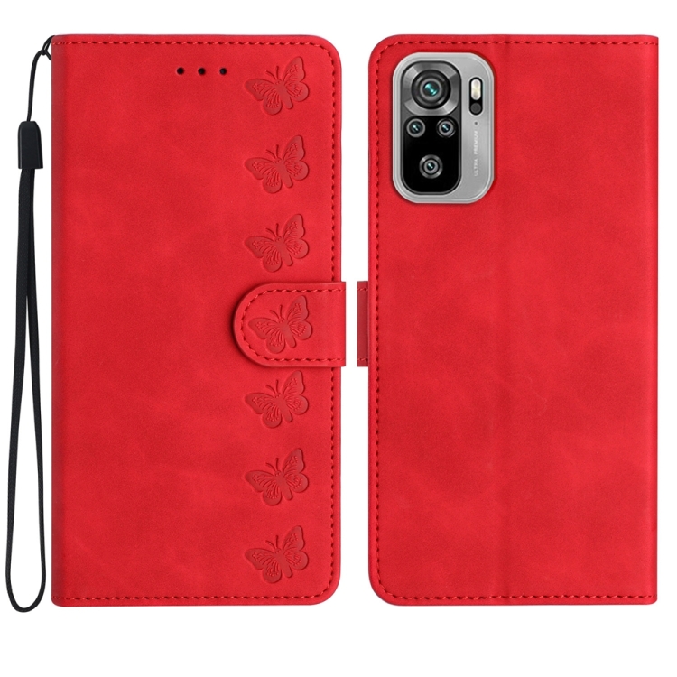 

For Xiaomi Redmi Note 10 4G Seven Butterflies Embossed Leather Phone Case(Red)