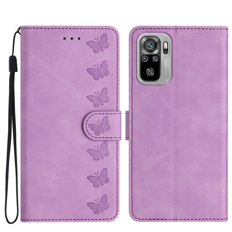 

For Xiaomi Redmi Note 10 4G Seven Butterflies Embossed Leather Phone Case(Purple)