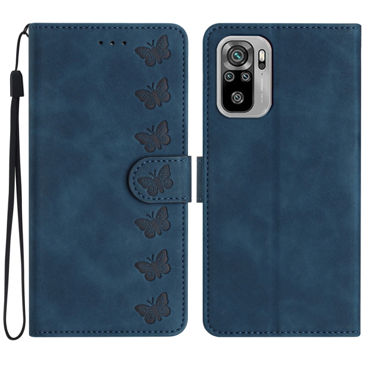 

For Xiaomi Redmi Note 10 4G Seven Butterflies Embossed Leather Phone Case(Blue)