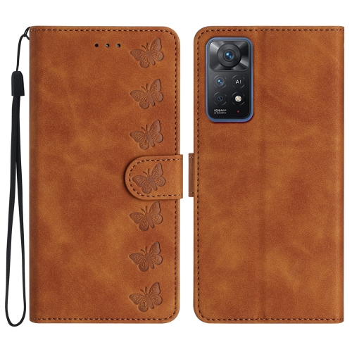 

For Xiaomi Redmi Note 11 Pro 5G Global Seven Butterflies Embossed Leather Phone Case(Brown)