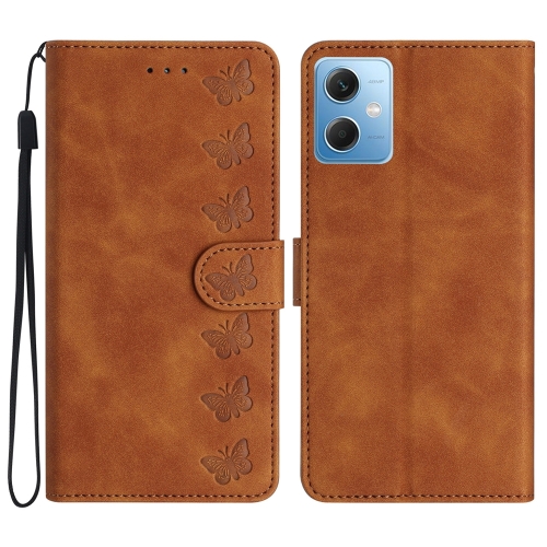 

For Xiaomi Redmi Note 12 5G Global Seven Butterflies Embossed Leather Phone Case(Brown)