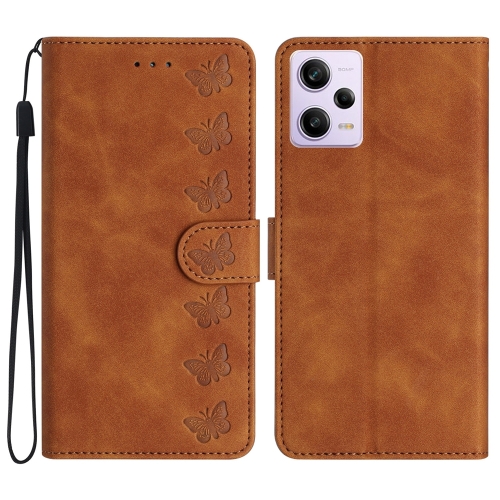 

For Xiaomi Redmi Note 12 Pro 5G Global Seven Butterflies Embossed Leather Phone Case(Brown)