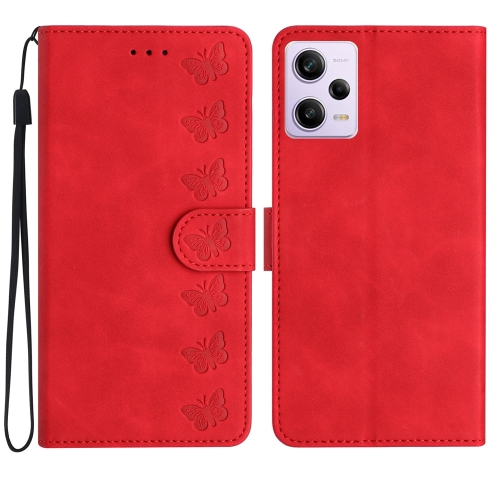 

For Xiaomi Redmi Note 12 Pro 5G Global Seven Butterflies Embossed Leather Phone Case(Red)