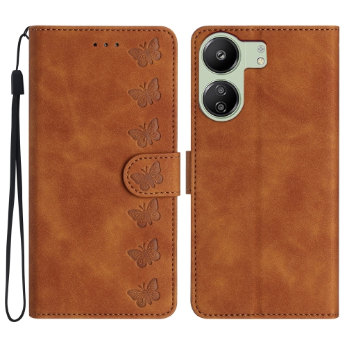 

For Xiaomi Redmi 13C 4G Seven Butterflies Embossed Leather Phone Case(Brown)